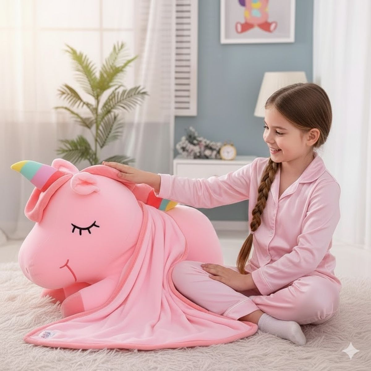 GENERICO - PELUCHE UNICORNIO ROSA  45 CM CON MANTA  1X140 CM LA MANTA SE PUEDE GUARDAR DENTRO PELUCHE