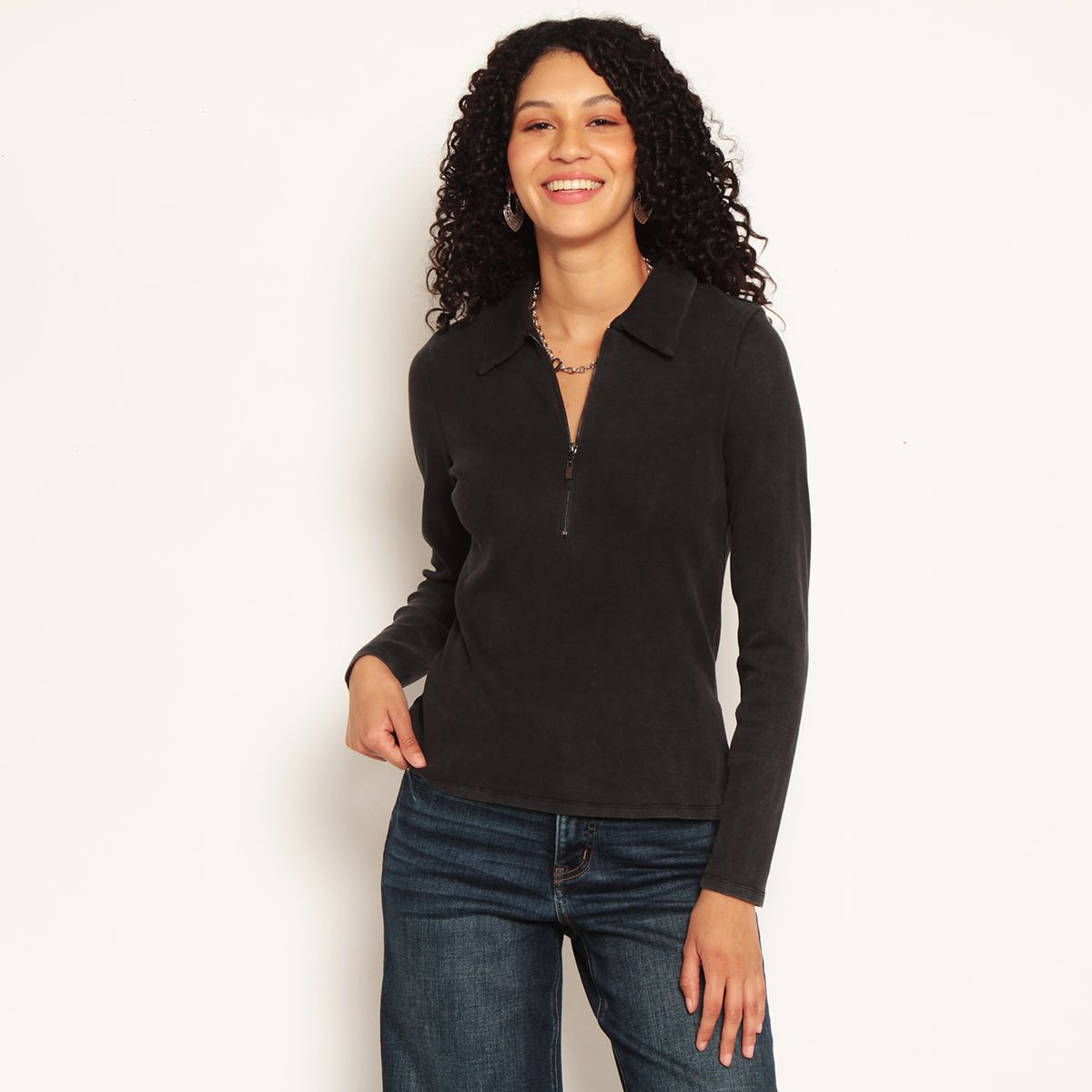 WADOS - POLERA MANGA LARGA ACID WASH CON CIERRE EN ESCOTE