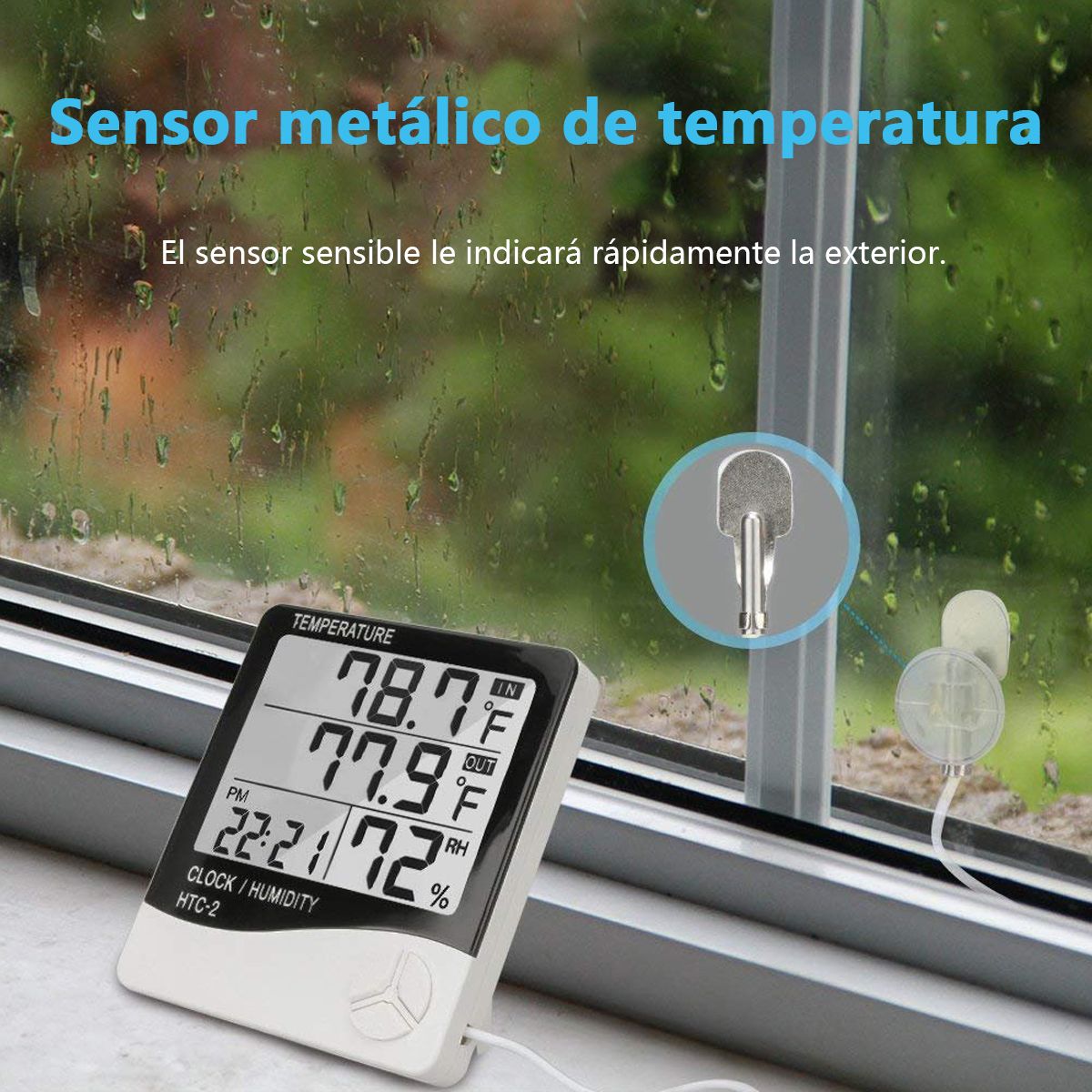 AIZO - Termómetro Higrómetro Digital Htc-2 Sonda Reloj+alarma