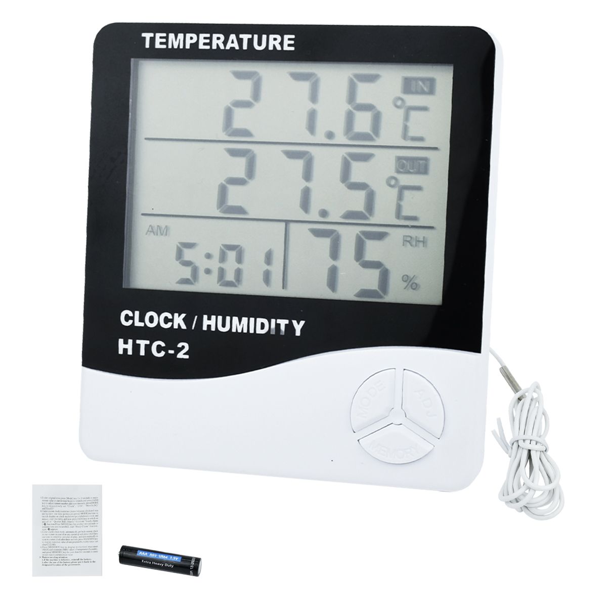 AIZO - Termómetro Higrómetro Digital Htc-2 Sonda Reloj+alarma