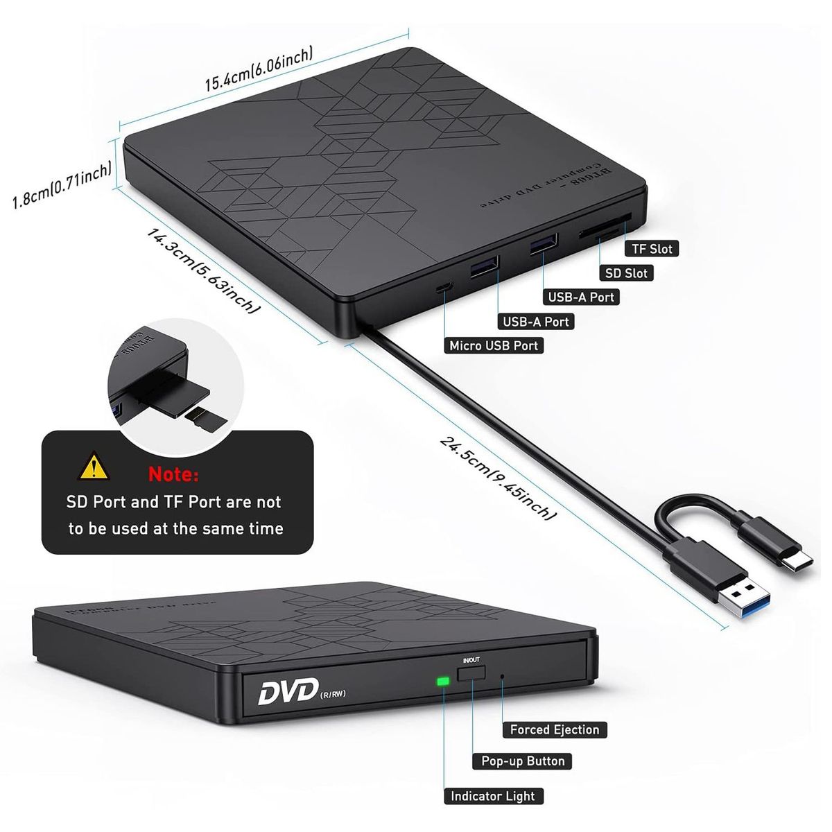 TIOZONEY - 5en1 Unidad externa de CD y DVD USB 30 portátil DVD