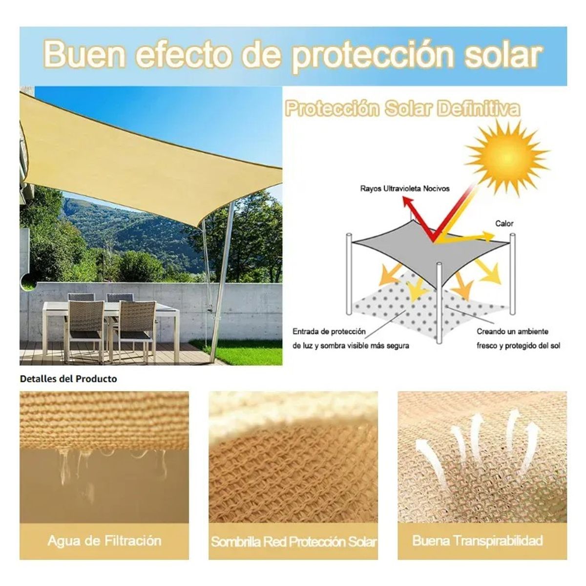 KUANGYE - Toldo Vela Sombreadora Malla 90% Sombra 4x5M Rectangular Beige