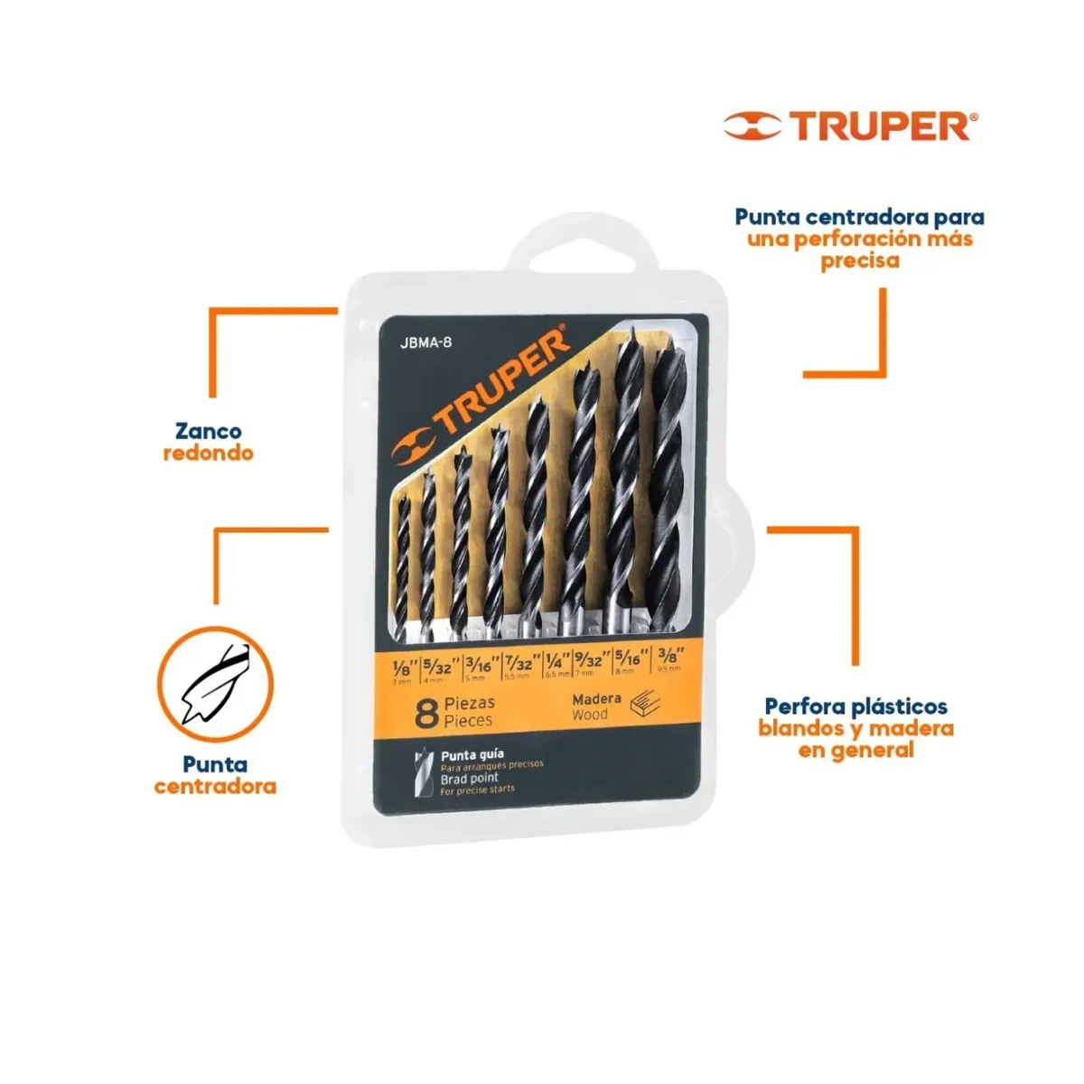 TRUPER - Juego de 8 Brocas para Madera Truper