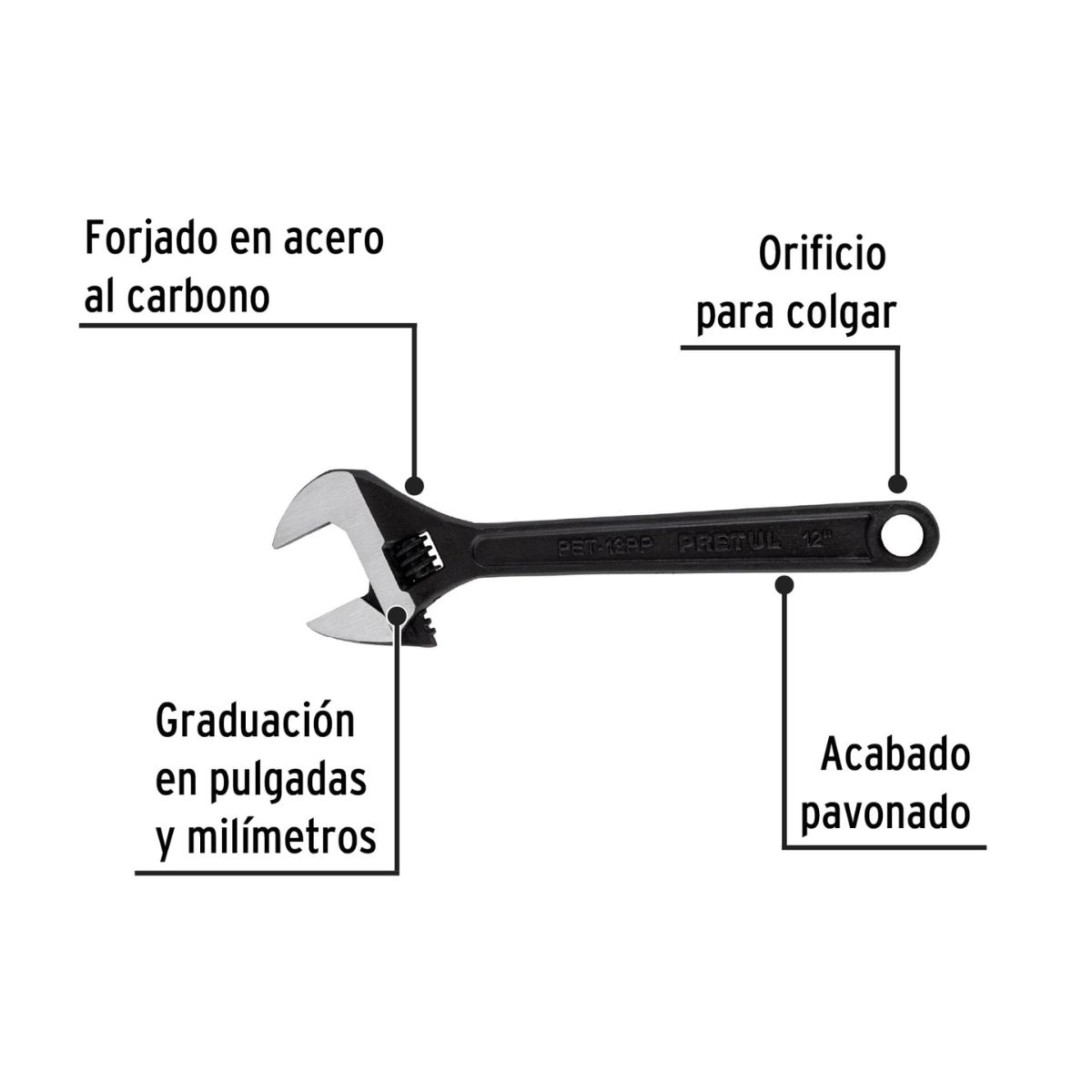 PRETUL - Llave Francesa Ajustable 12 Pulgadas Pavonada Pretul