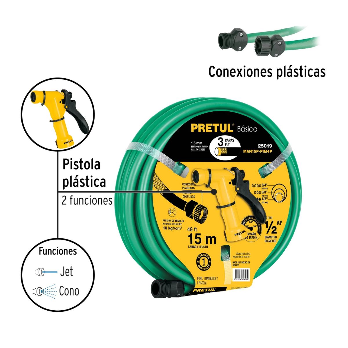 PRETUL - Manguera de Jardín 15m y Pistola de Riego Pretul