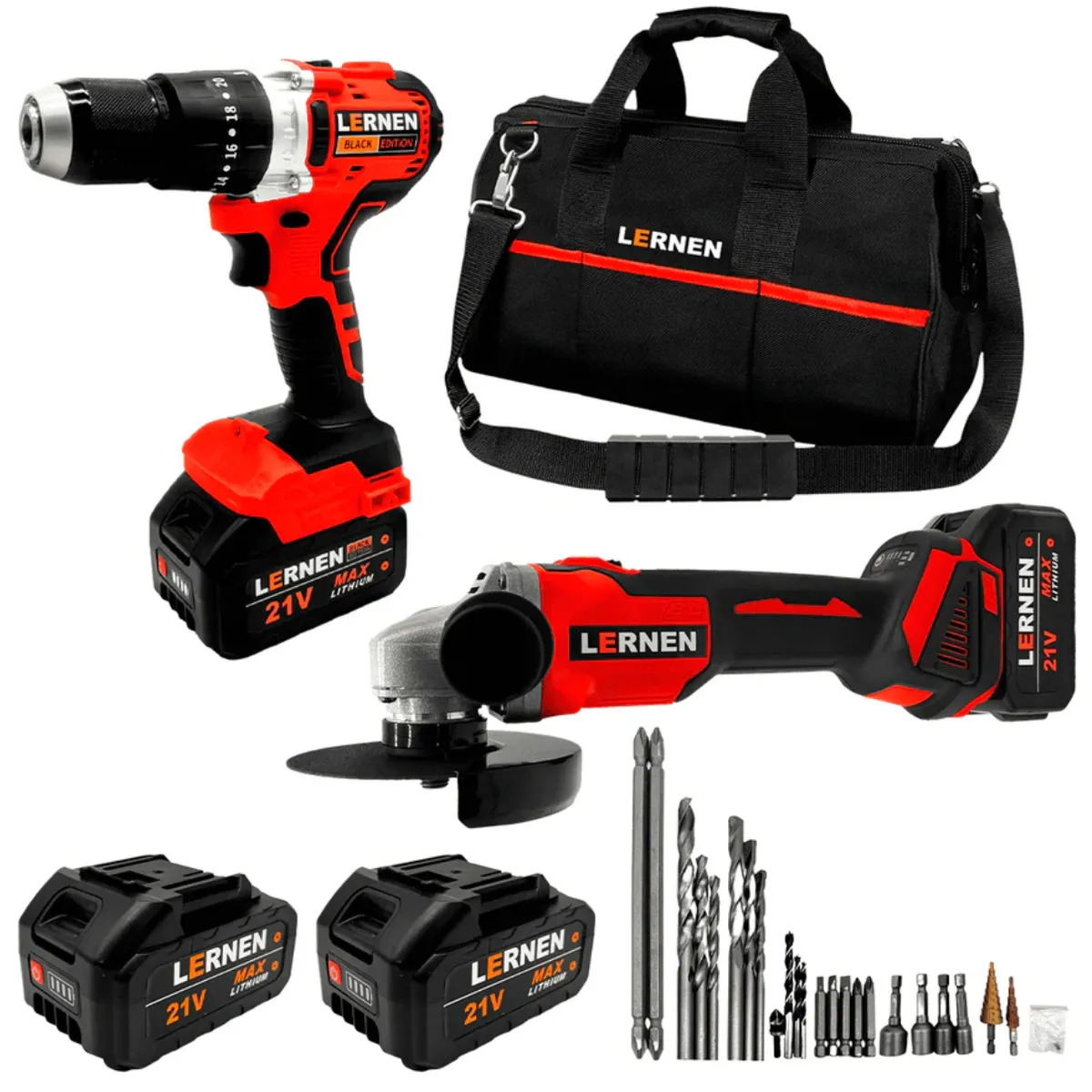 LERNEN - Pack Esmeril Inalámbrico 125 MM + Taladro Percutor Brushless + 2 Baterías + Accesorios