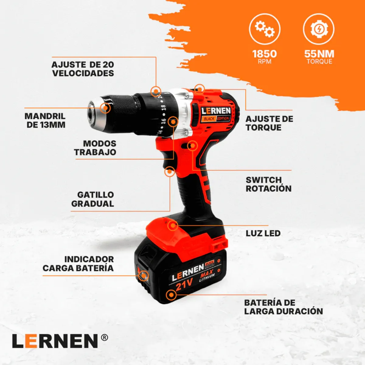 LERNEN - Pack Esmeril Inalámbrico 125 MM + Taladro Percutor Brushless + 2 Baterías + Accesorios