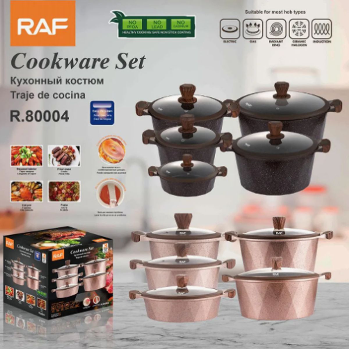RAF - Set De Ollas Con Tapa Vidrio 5 Pcs Antiadherente Raf R.80004
