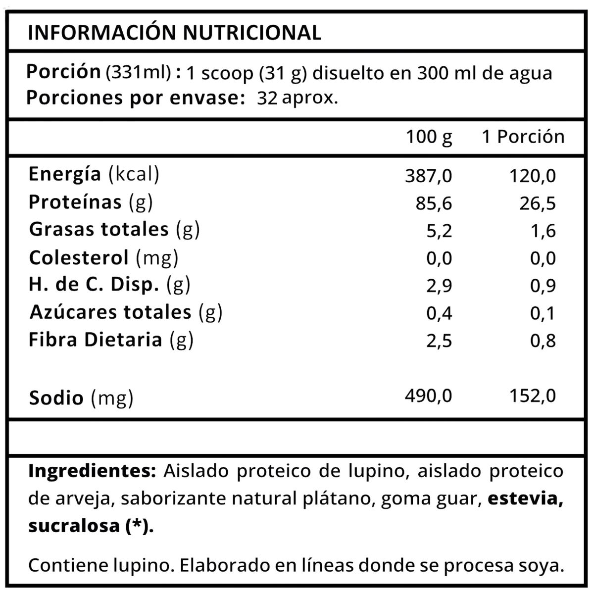 PROTE AND CO - Proteína Vegana Premium Lupino y Arveja Sabor Plátano 1 kg Sin Lactosa Prote&Co