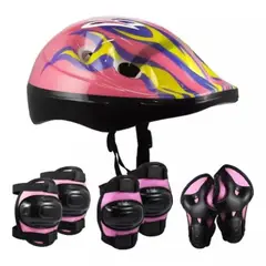 GENERICO - Casco + Set Protección Rodilleras Coderas Muñequeras rosada