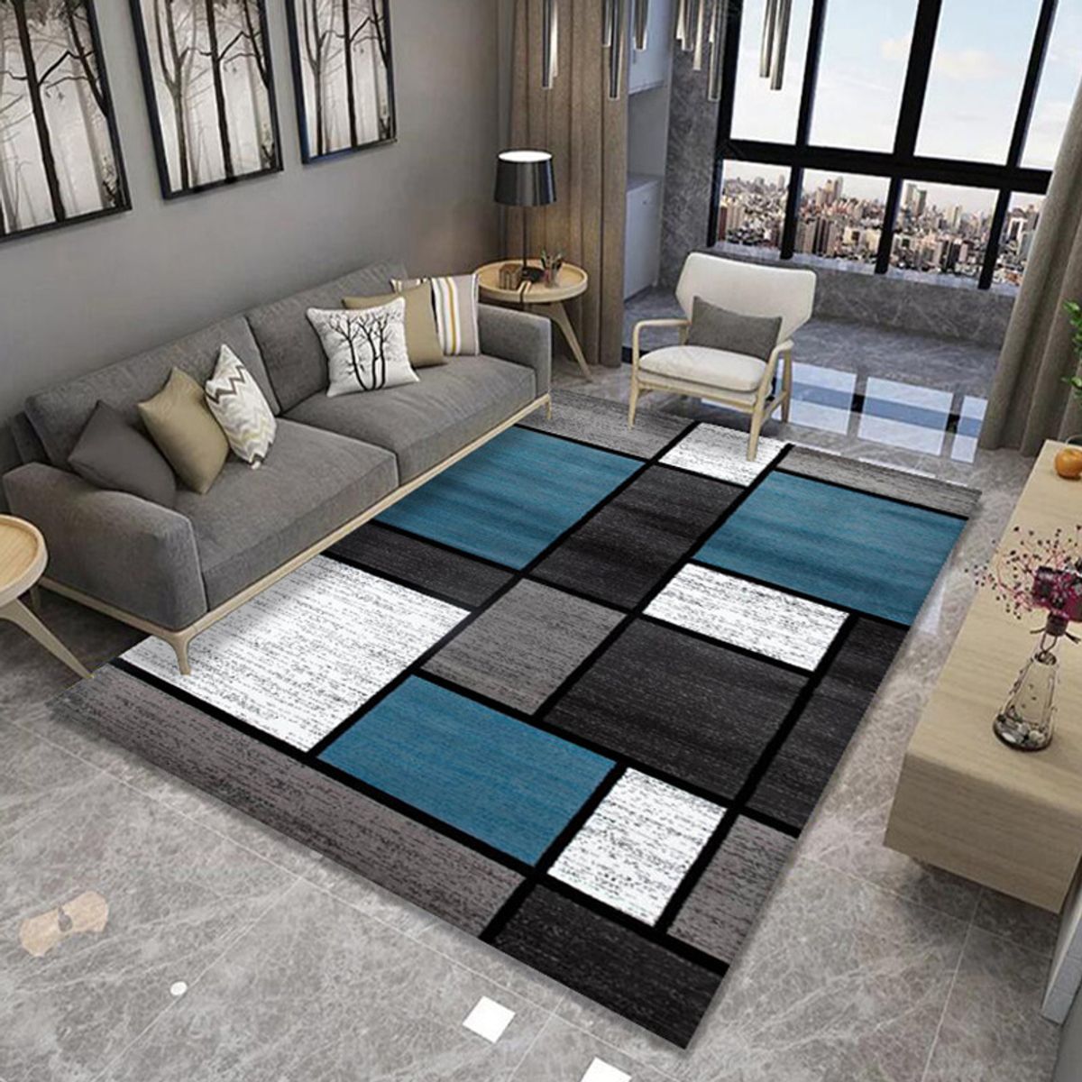 GENERICO - ALFOMBRA CON DISEÑO 200X240 AZUL CUADRO ELEGANTE WM