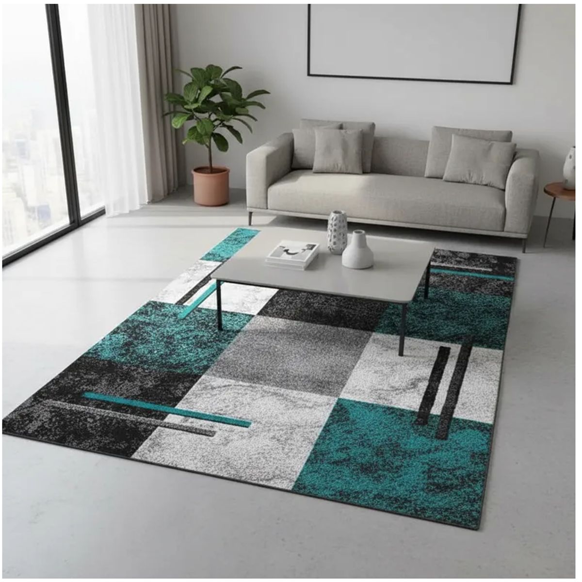 GENERICO - ALFOMBRA MODERNA CON DISEÑO 200X240 CUADRO TURQUESA ELEGANTE WM