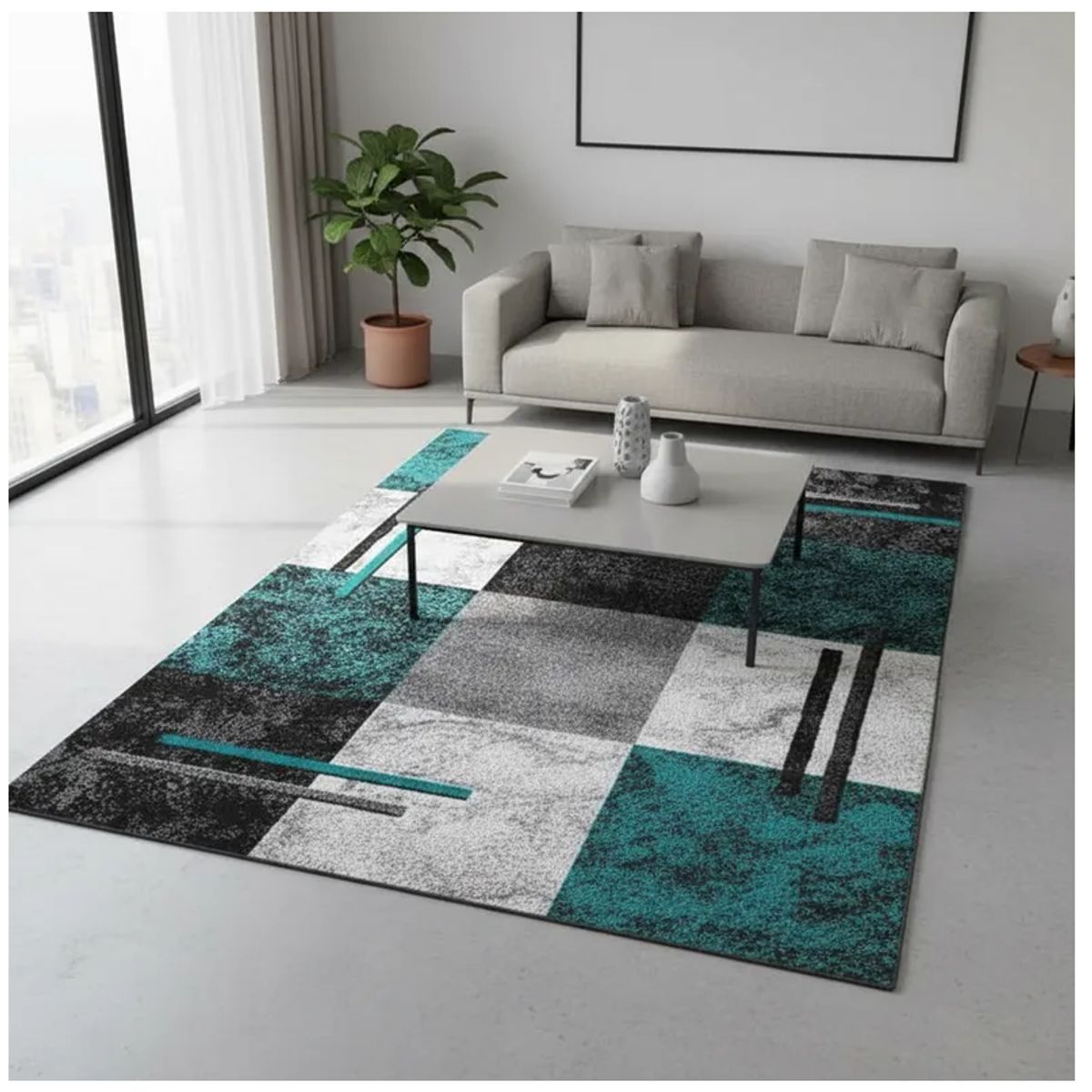GENERICO - ALFOMBRA MODERNA CON DISEÑO 200X240 CUADRO TURQUESA ELEGANTE WM