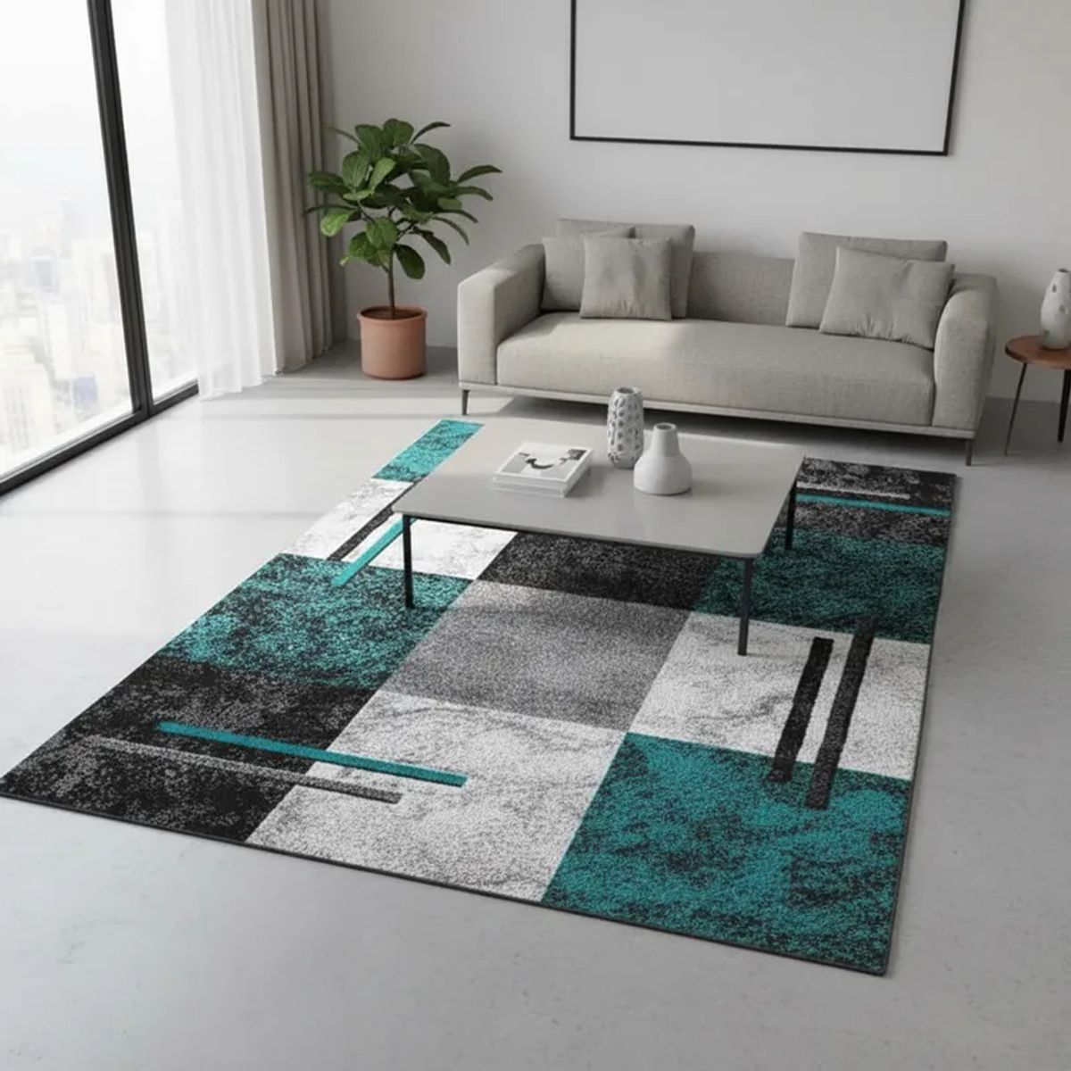 GENERICO - ALFOMBRA MODERNA 200X240 CM DISEÑO CUADRO TURQUESA ELEGANTE DECORATIVA WM