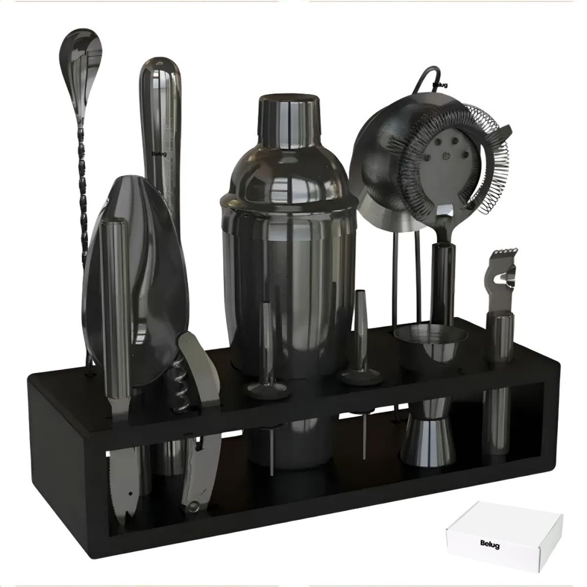 GENERICO - Set Coctelera 13 Piezas Negro Cocktail Kit Acero Inoxidable BELUG