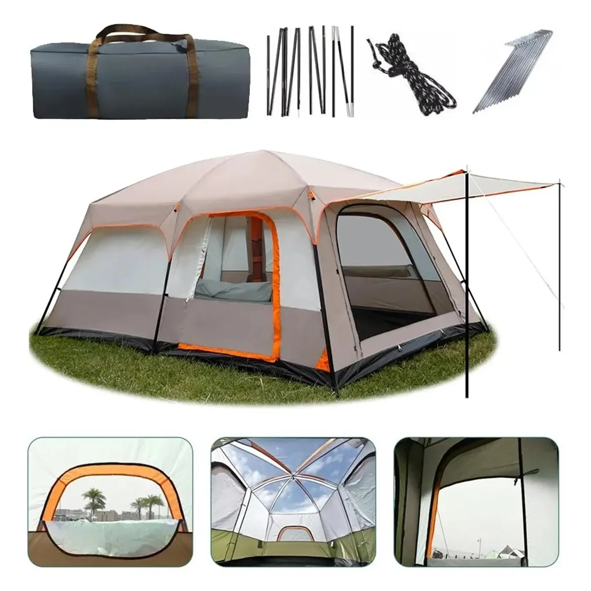 KUANGYE - Carpa Camping Tienda Familiar 8 A 12 Personas Impermeable Beige