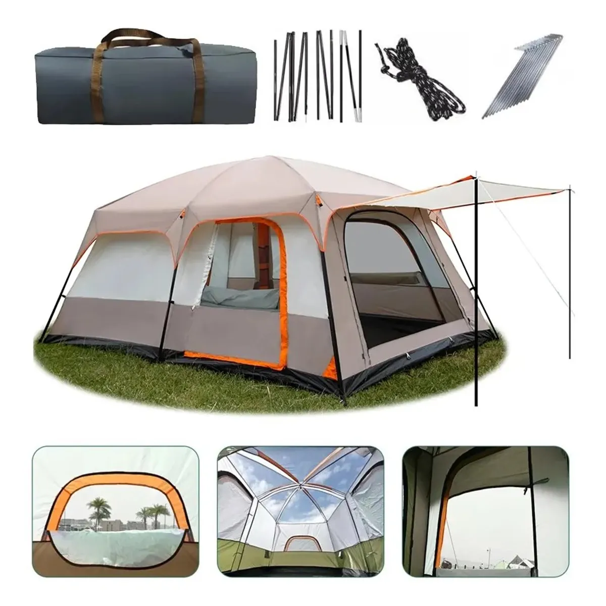 KUANGYE - Carpa Camping Tienda Familiar 8 A 12 Personas Impermeable Beige