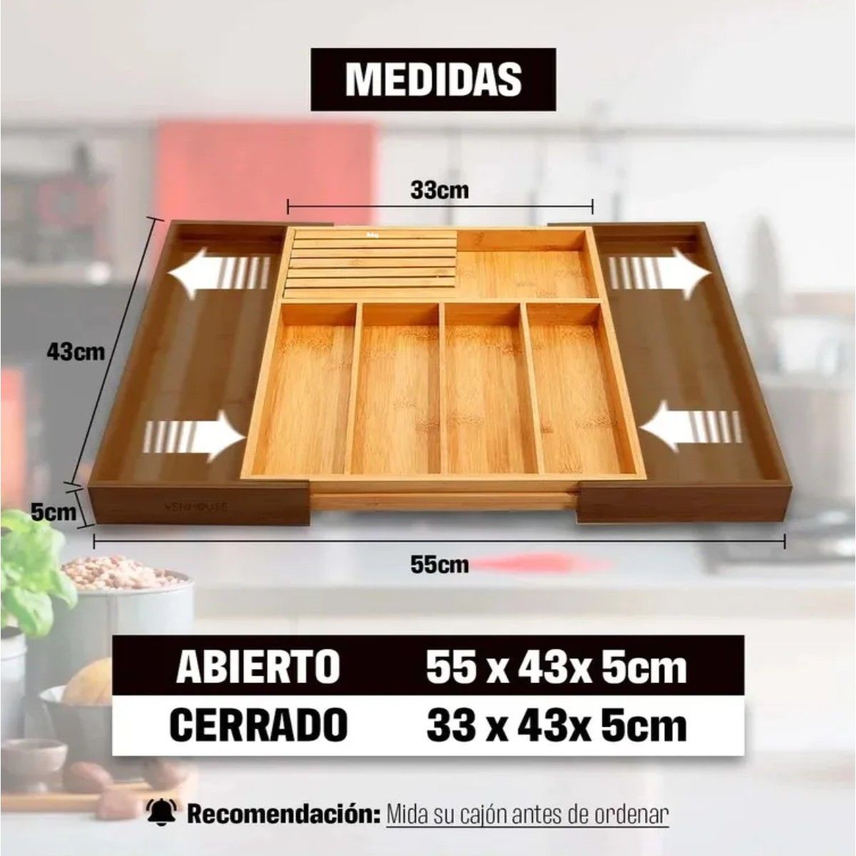 GENERICO - Organizador De Cubiertos Bambú Ajustable 7 Compart Bambú
