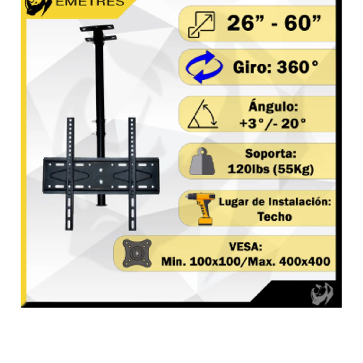 GENERICO - Soporte Tv Techo Pared Ajustable 26 A 60 Color Negro