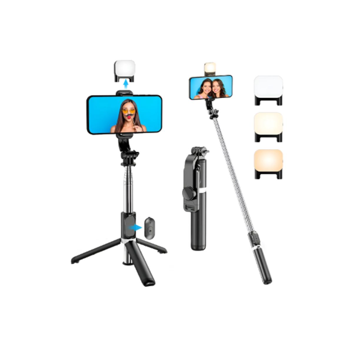 GENERICO - Trípode De Palo Selfie Luz Relleno Control Remoto Bluetooth Negro