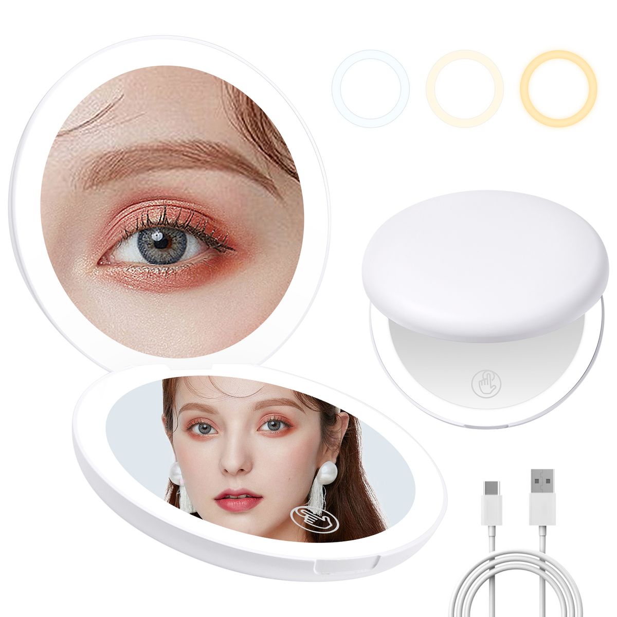SLOWTON - Luz led iluminada recargable compacto doble cara de viaje maquillaje espejo 10x ampliación Blanco