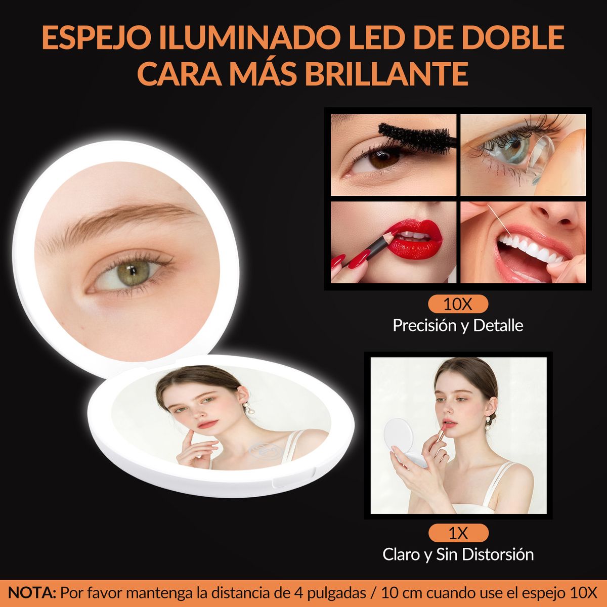 SLOWTON - Luz led iluminada recargable compacto doble cara de viaje maquillaje espejo 10x ampliación Blanco