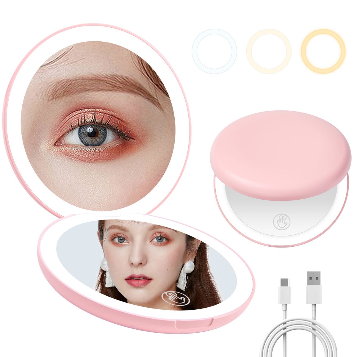 SLOWTON - Luz led iluminada recargable compacto doble cara de viaje maquillaje espejo 10x ampliación Rosa