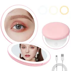 SLOWTON - Luz led iluminada recargable compacto doble cara de viaje maquillaje espejo 10x ampliación Rosa