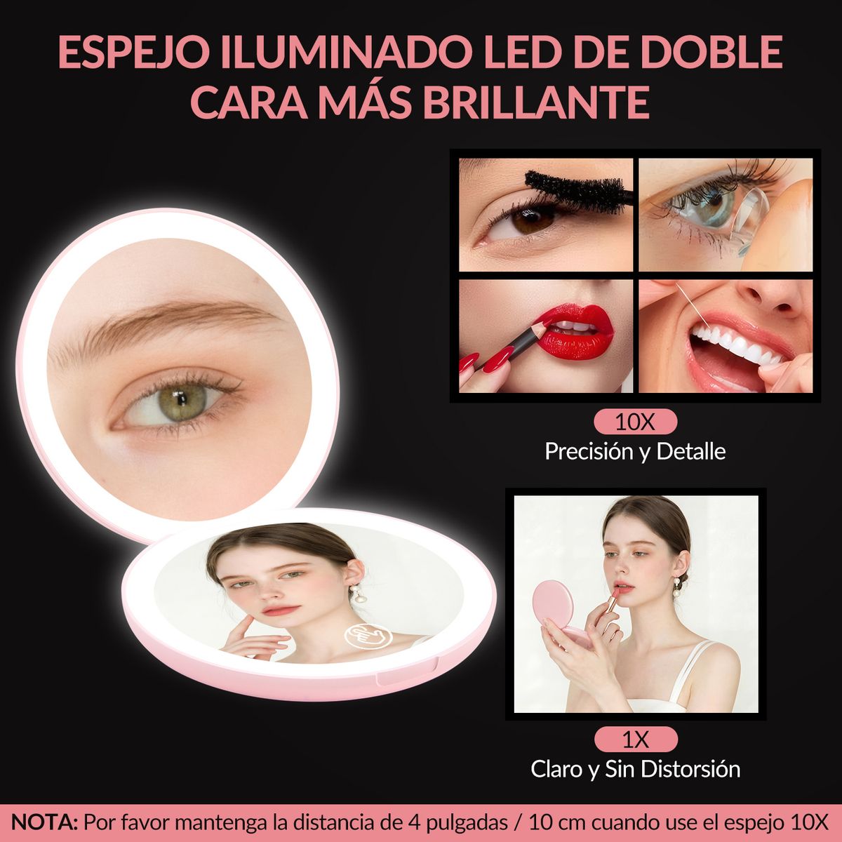 SLOWTON - Luz led iluminada recargable compacto doble cara de viaje maquillaje espejo 10x ampliación Rosa