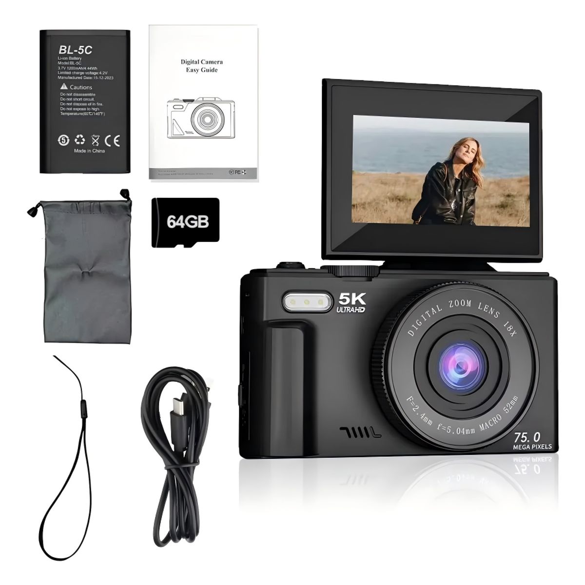 UMEXUS - Cámara Digital 5K WiFi para Selfies 75MP Autofoco y Modo Belleza +64G