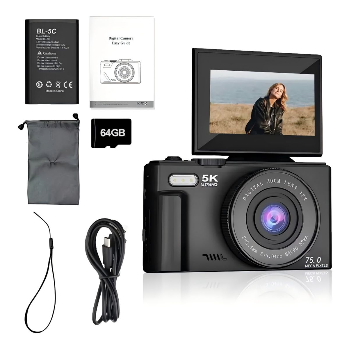 UMEXUS - Cámara Digital 5K WiFi para Selfies 75MP Autofoco y Modo Belleza +64G