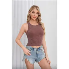 LIKE SHOP - Top Corto Mujer Elasticado Sin Manga Acanalada Musculosa 7608