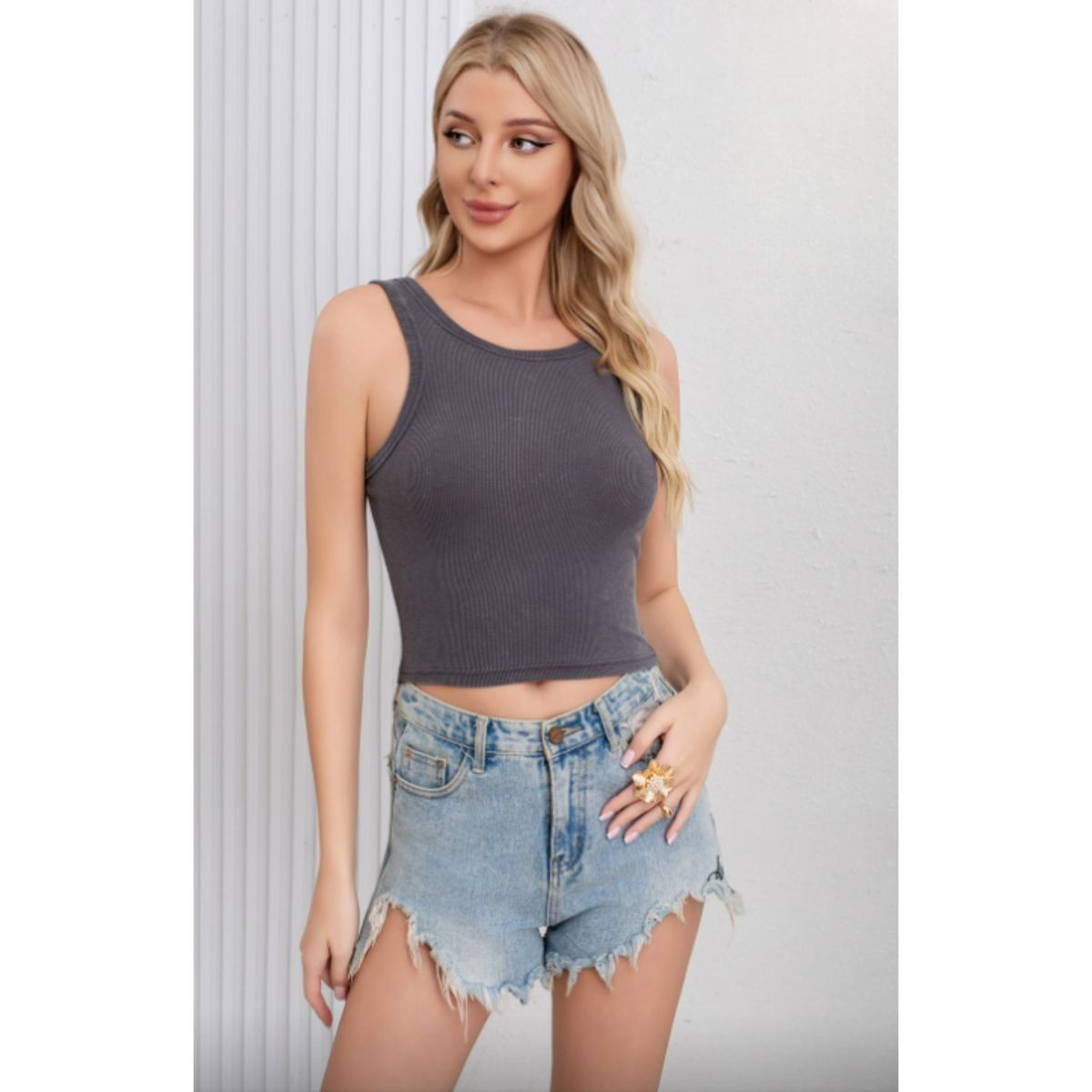LIKE SHOP - Top Corto Mujer Elasticado Sin Manga Acanalada Musculosa 7608