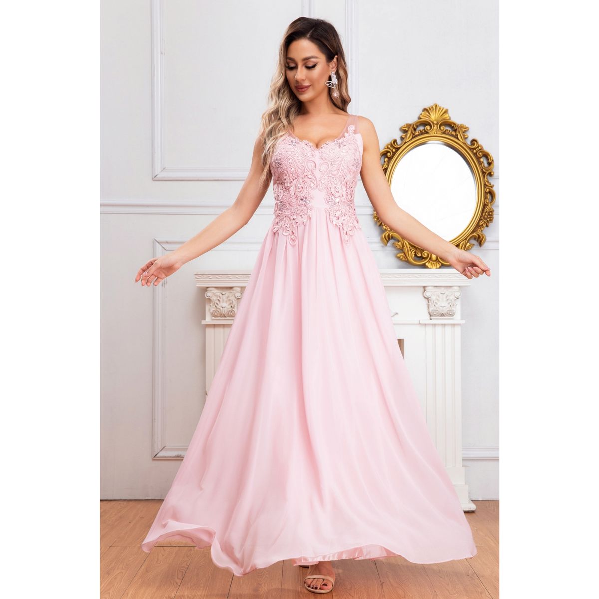 LIKE SHOP - Vestido Largo Mujer Fiesta Gala Noche Escote V Bordados 2003