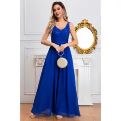 LIKE SHOP - Vestido Largo Mujer Fiesta Gala Noche Escote V Bordados 2003