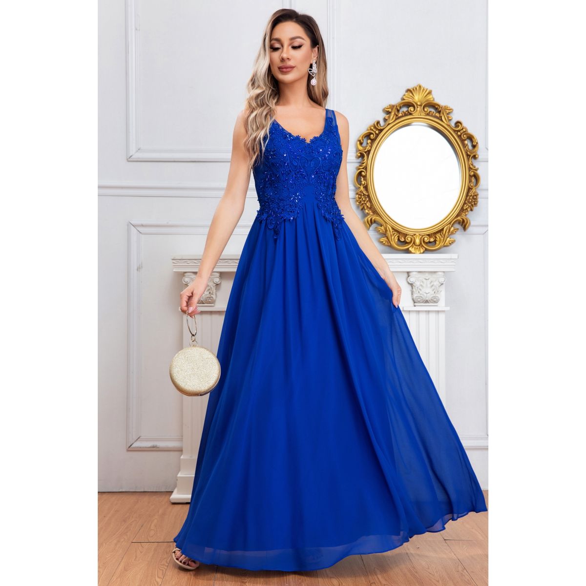 LIKE SHOP - Vestido Largo Mujer Fiesta Gala Noche Escote V Bordados 2003