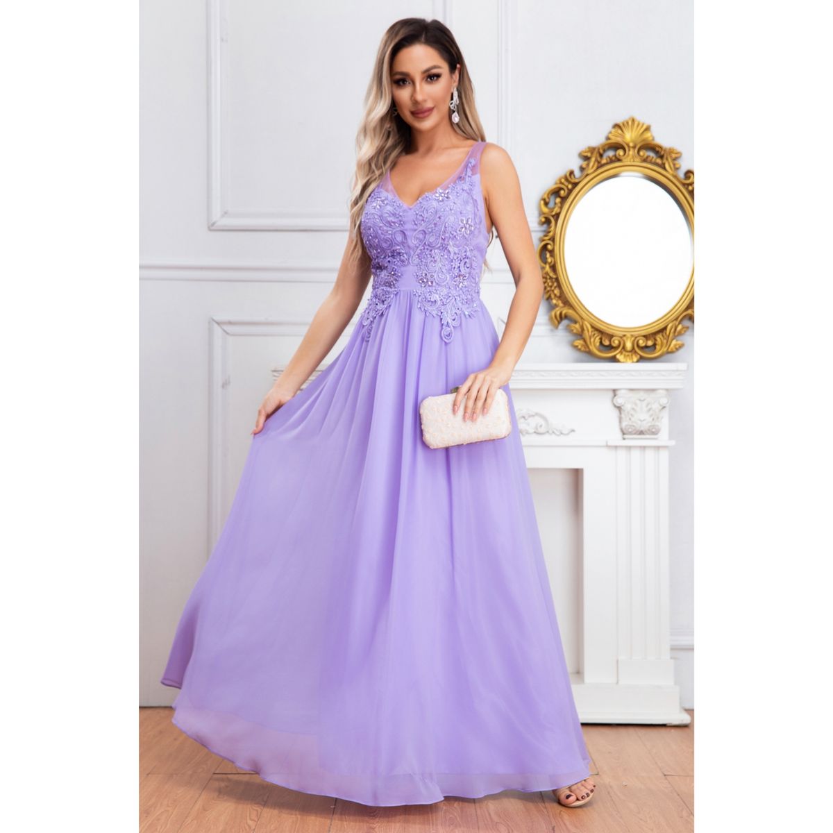 LIKE SHOP - Vestido Largo Mujer Fiesta Gala Noche Escote V Bordados 2003