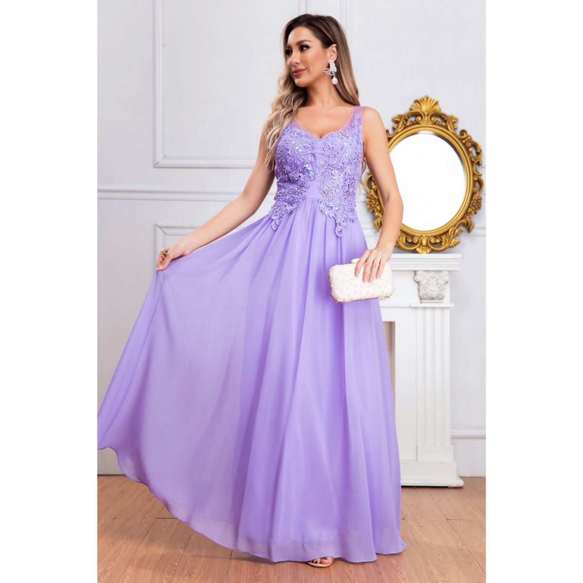 LIKE SHOP - Vestido Largo Mujer Fiesta Gala Noche Escote V Bordados 2003