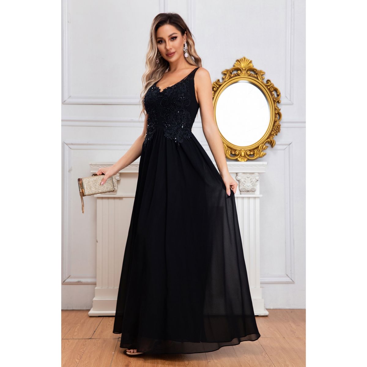 LIKE SHOP - Vestido Largo Mujer Fiesta Gala Noche Escote V Bordados 2003