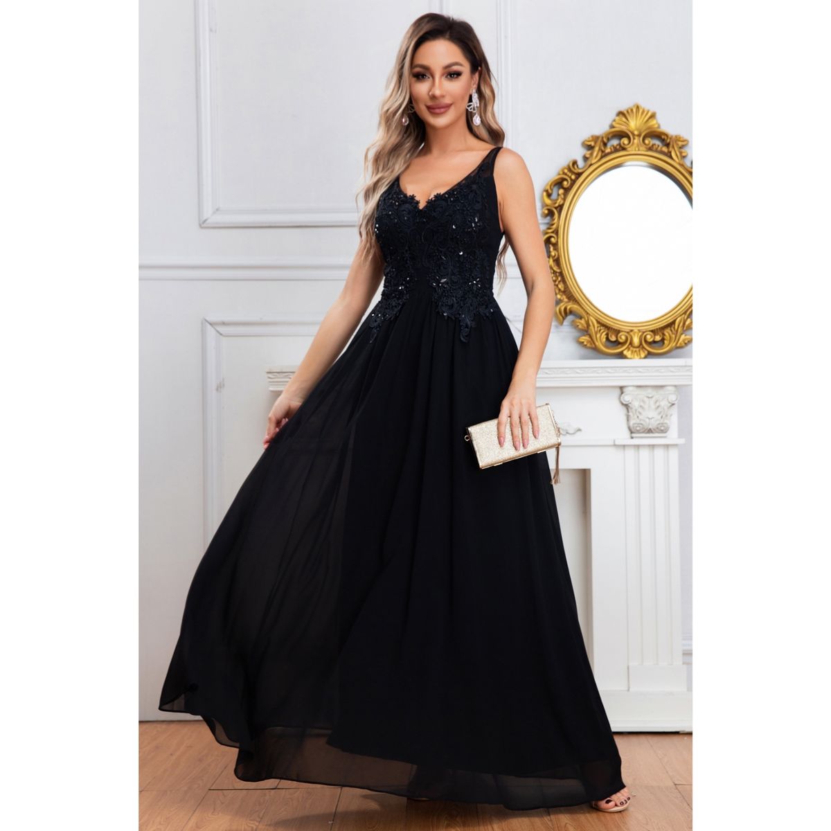 LIKE SHOP - Vestido Largo Mujer Fiesta Gala Noche Escote V Bordados 2003