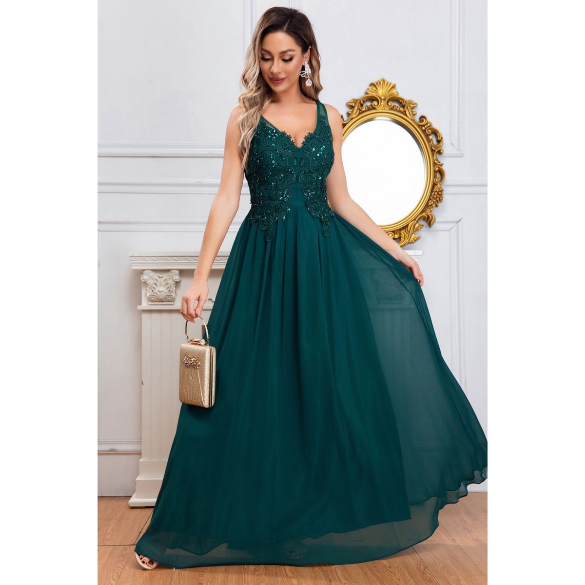 LIKE SHOP - Vestido Largo Mujer Fiesta Gala Noche Escote V Bordados 2003