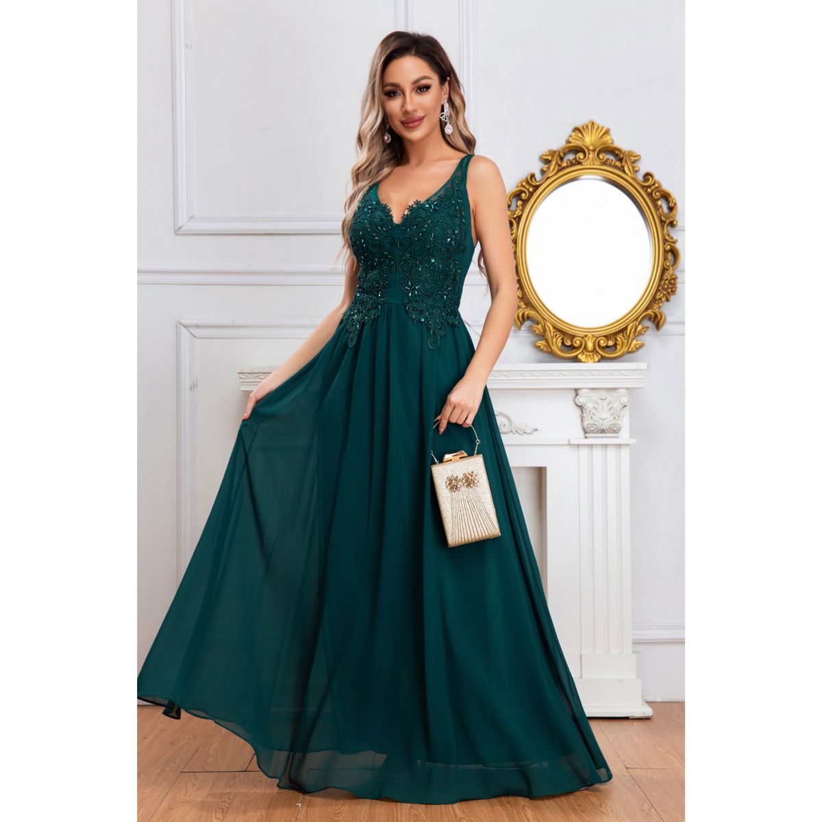 LIKE SHOP - Vestido Largo Mujer Fiesta Gala Noche Escote V Bordados 2003