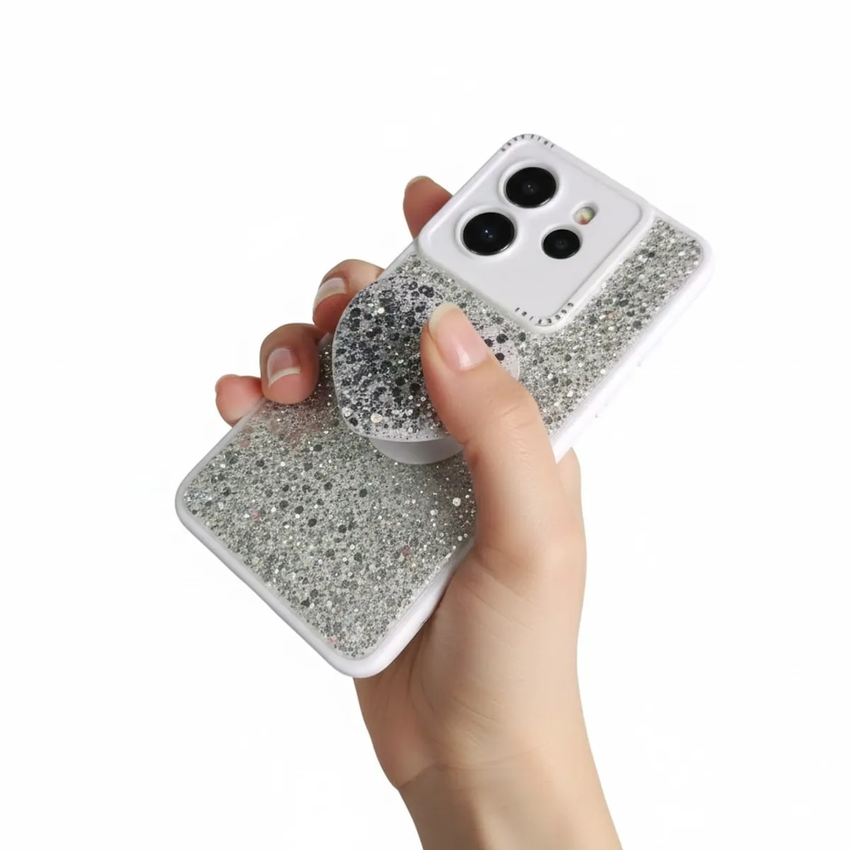 GENERICO - CARCASA PARA XIAOMI REDMI NOTE 14 5G GLITTER BRILLO BLANCO CON POP SOCKET