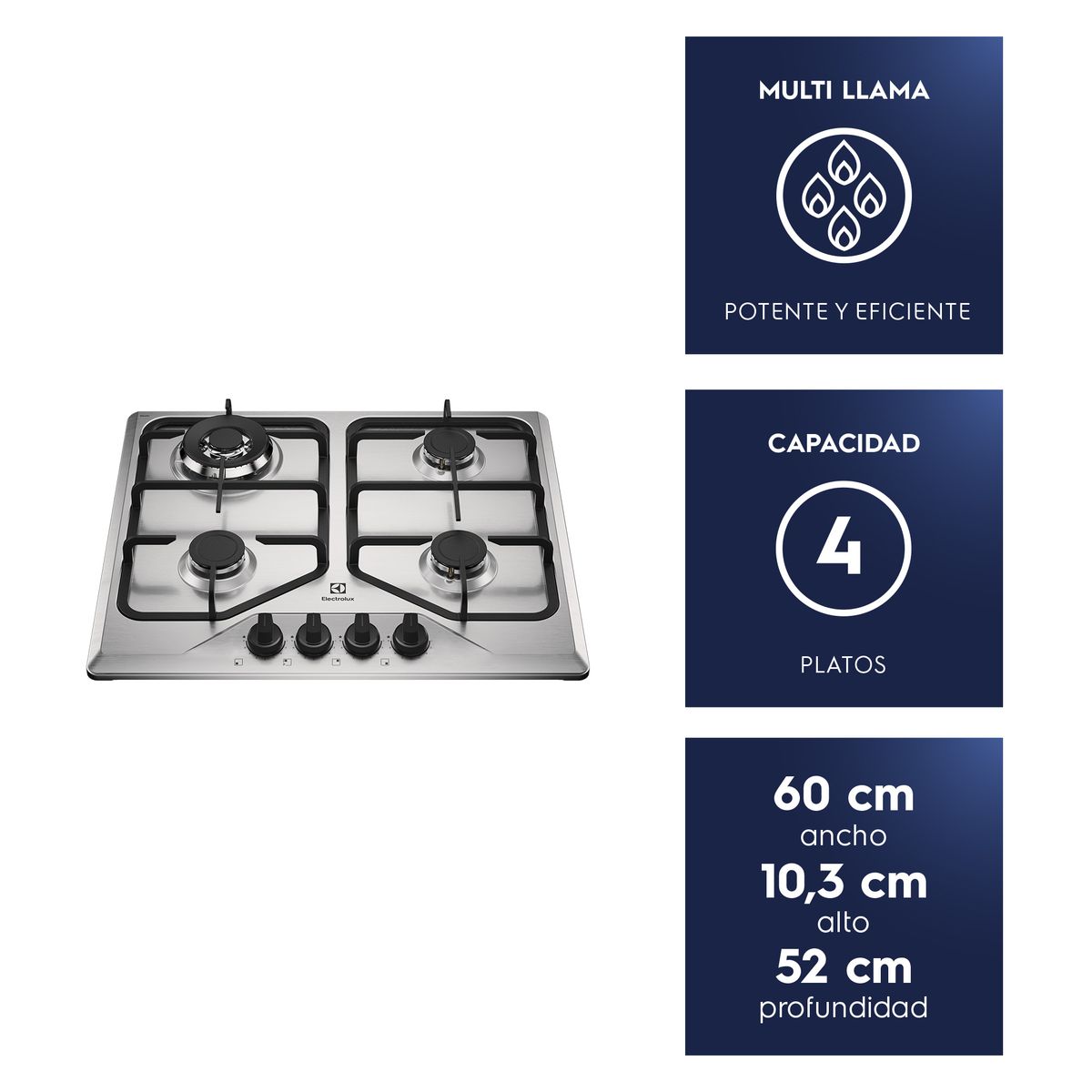 ELECTROLUX - Encimera a Gas 4 Platos Experience Multi Llama KE4XC Inox