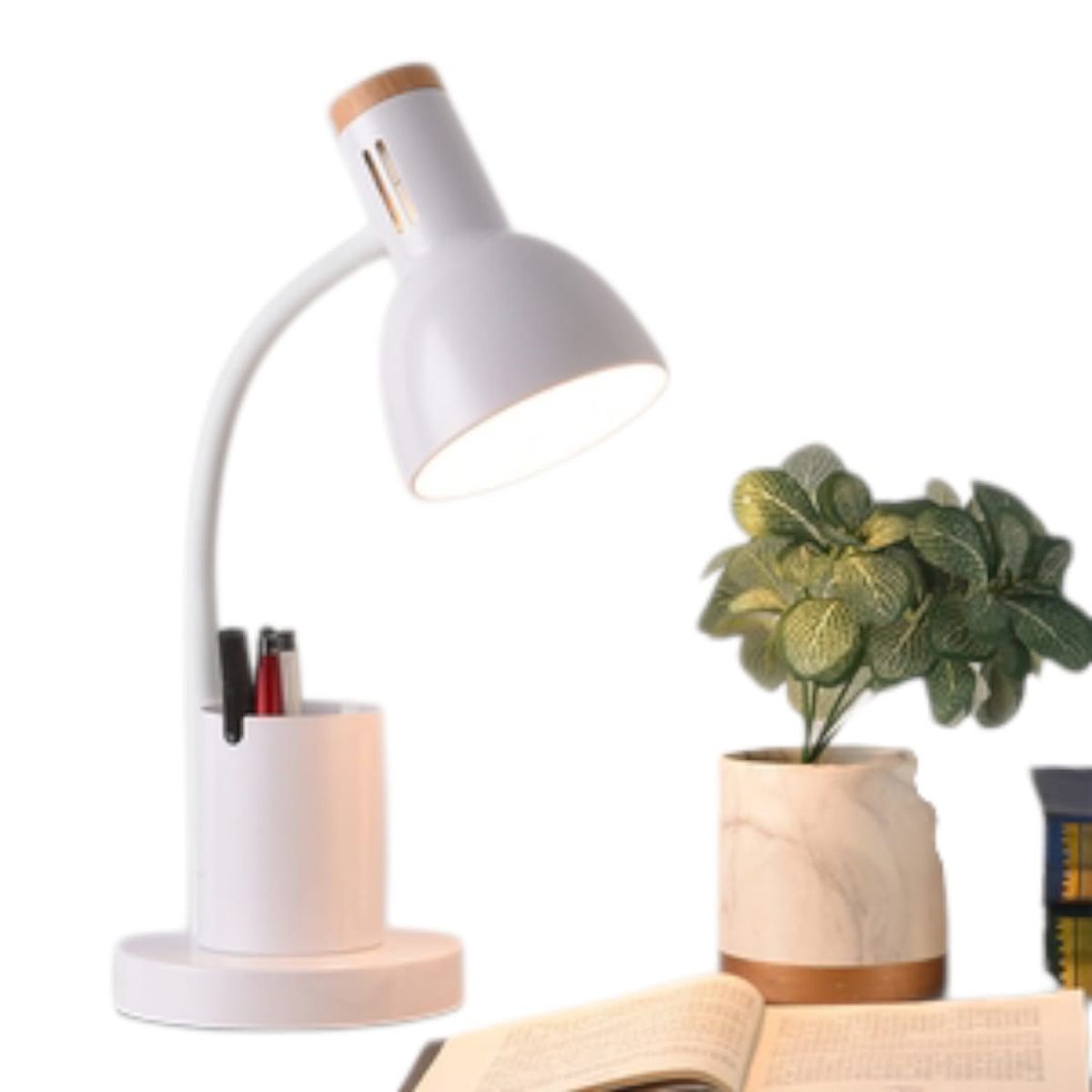 GENERICO - Lámpara De Escritorio Blanca Para Lectura 1XE27 150X120x400mm Estilo Minimalista En Metal Y Madera Brazo Ajustable
