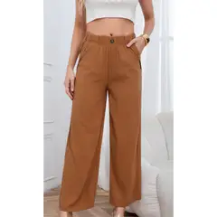 LIKE SHOP - Pantalon Palazzo Tipo Lino Semi Formal Casual Boton Tiro Alto 3013