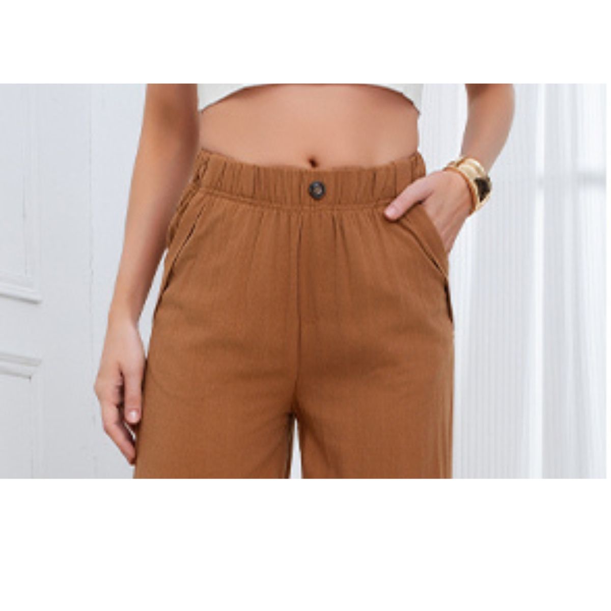 LIKE SHOP - Pantalon Palazzo Tipo Lino Semi Formal Casual Boton Tiro Alto 3013