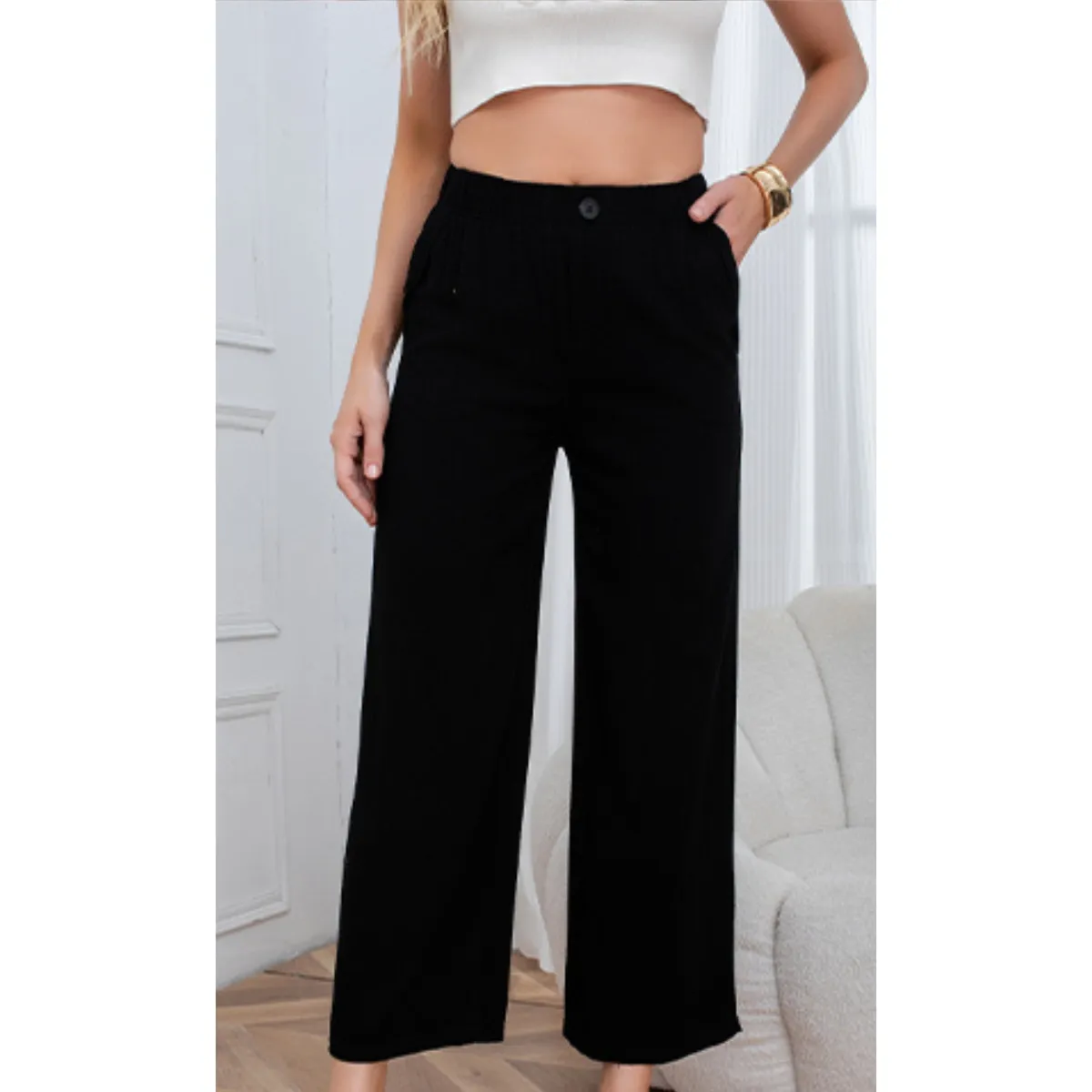 LIKE SHOP - Pantalon Palazzo Tipo Lino Semi Formal Casual Boton Tiro Alto 3013