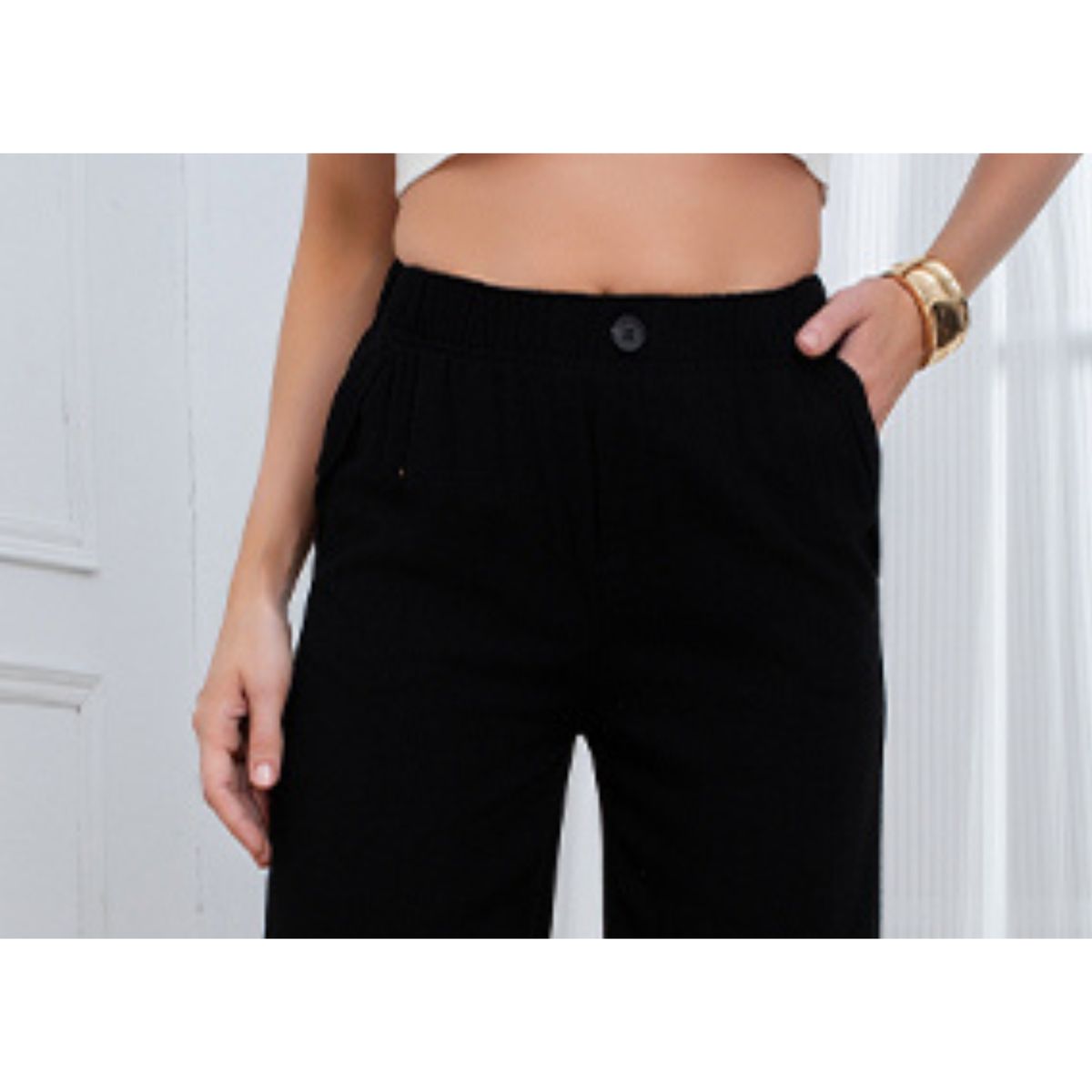 LIKE SHOP - Pantalon Palazzo Tipo Lino Semi Formal Casual Boton Tiro Alto 3013