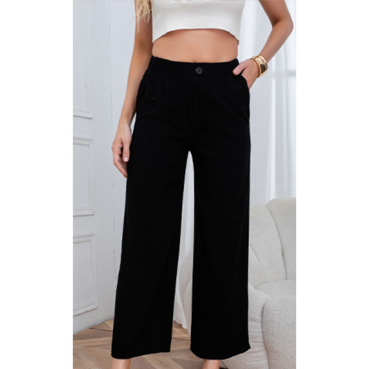 LIKE SHOP - Pantalon Palazzo Tipo Lino Semi Formal Casual Boton Tiro Alto 3013